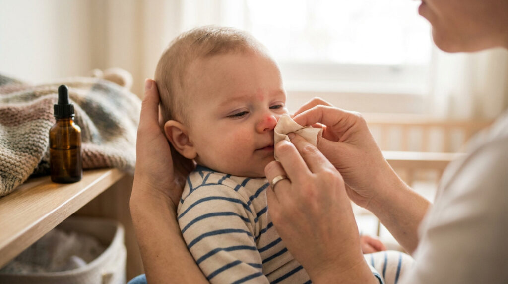 Une maman essuie délicatement le nez d'un bébé enrhumé avec un mouchoir.
