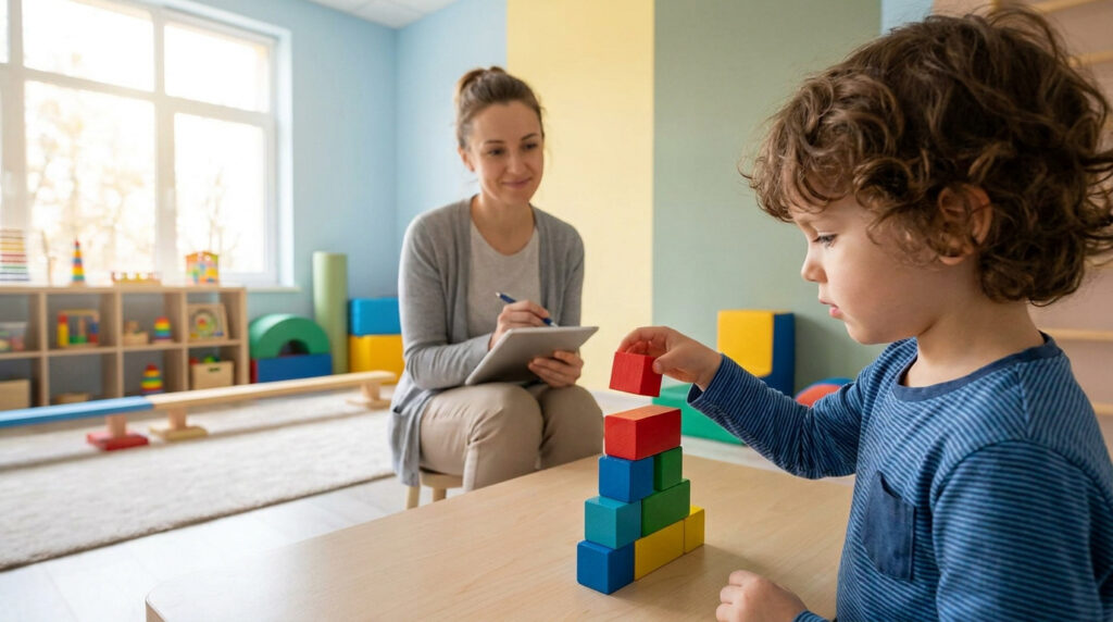 Un jeune enfant construit une tour en blocs colorés sous la supervision bienveillante d'une ergothérapeute.