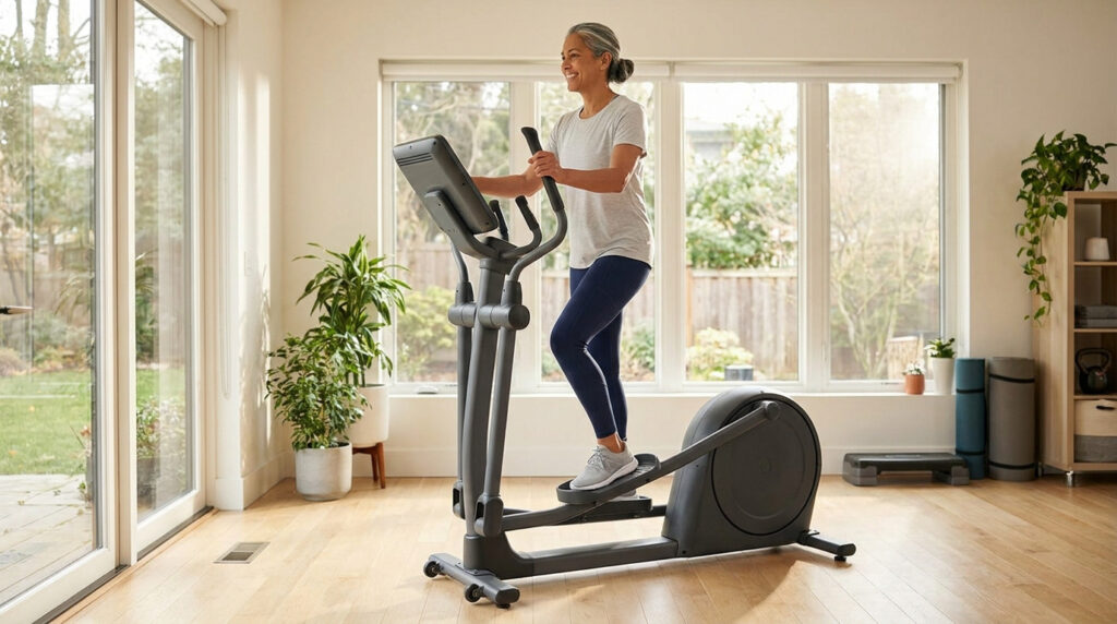 Femme mature faisant du sport sur un vélo elliptique dans un salon lumineux.