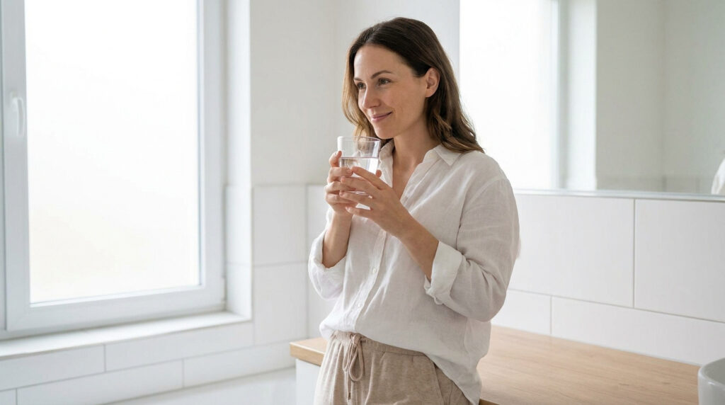 Une femme souriante tient un verre d'eau dans une salle de bain lumineuse.