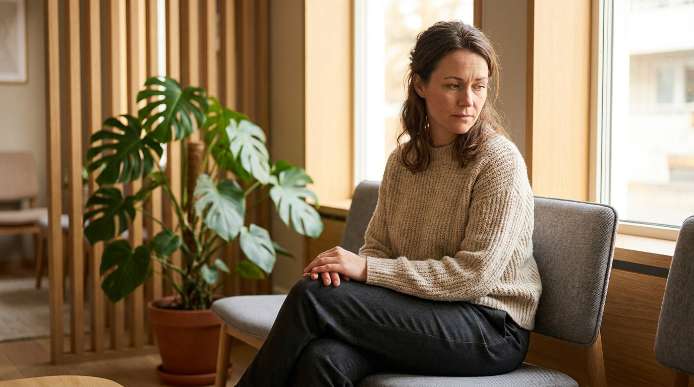 Une femme anxieuse assise dans une salle d'attente moderne, les mains jointes, regardant par la fenêtre.