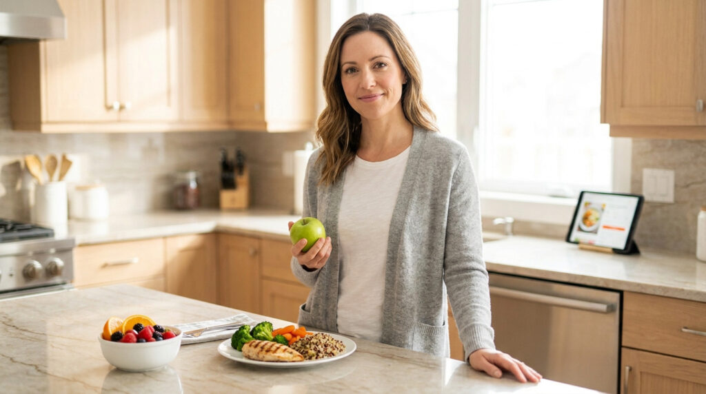 Une femme souriante dans une cuisine moderne, tenant une pomme avec un repas sain sur le comptoir.