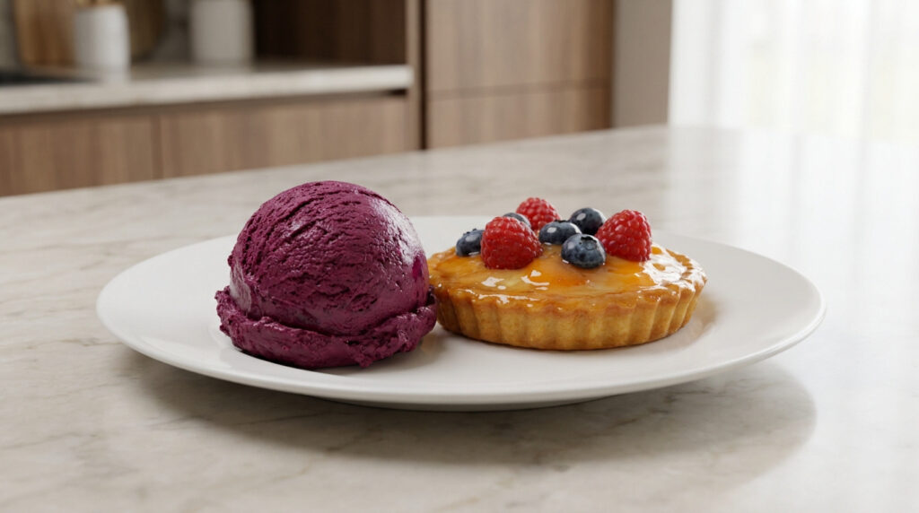 Une boule de glace aux baies violette à côté d'une tartelette aux fruits frais sur une assiette blanche.