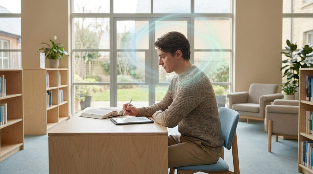 Un jeune homme assis à une table dans une bibliothèque moderne, utilisant une tablette numérique avec un stylet.