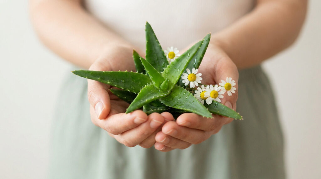 Mains tenant une plante d'aloe vera et des petites fleurs blanches apaisantes.
