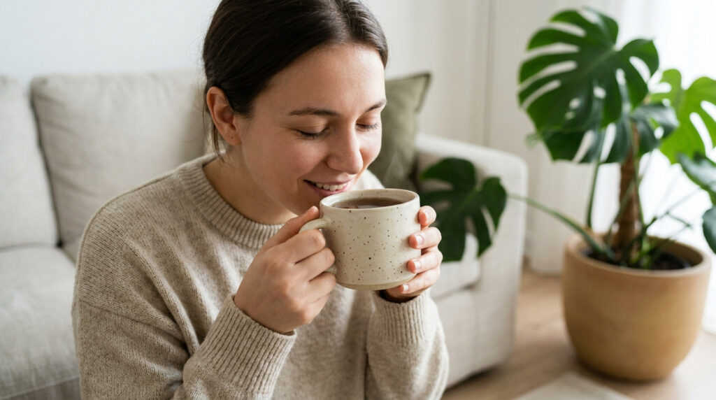 Une femme souriante tenant une tasse de thé chaud dans un salon lumineux.