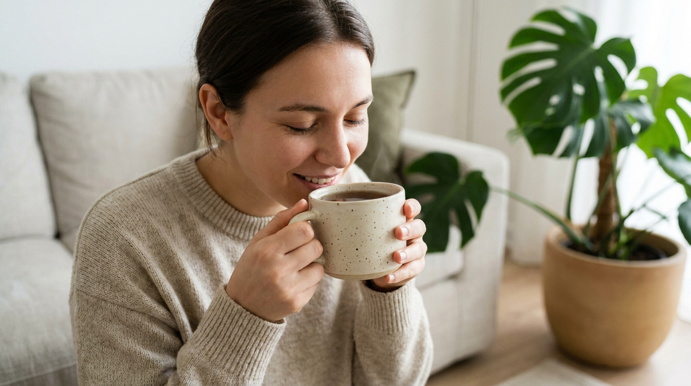 Une femme souriante tenant une tasse de thé chaud dans un salon lumineux.