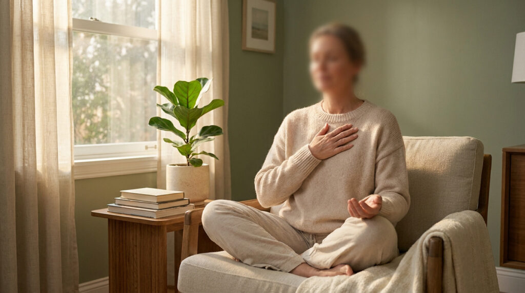 Une personne assise confortablement dans un fauteuil, la main sur le cœur, pratiquant la méditation dans une pièce calme.
