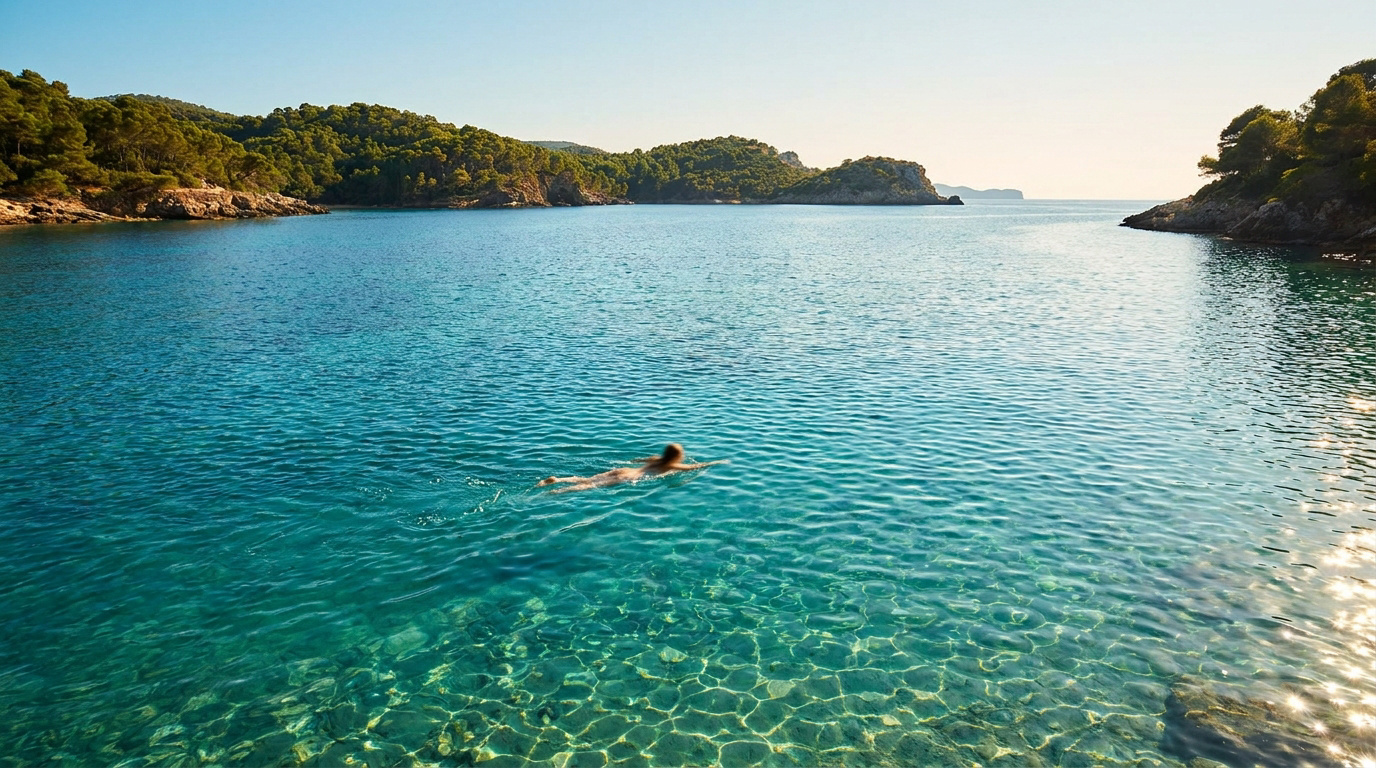 Une personne nageant nue dans une eau turquoise cristalline entourée de falaises rocheuses et de végétation.