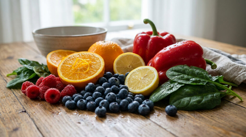 Assortiment de fruits et légumes frais sur une table en bois incluant des baies, agrumes, épinards et poivrons rouges.