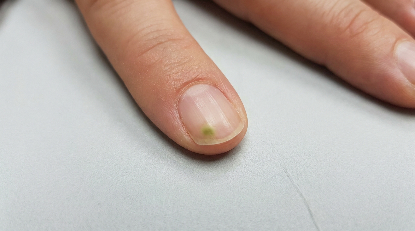 Gros plan sur un ongle de doigt présentant une tache verte caractéristique d'une infection bactérienne.