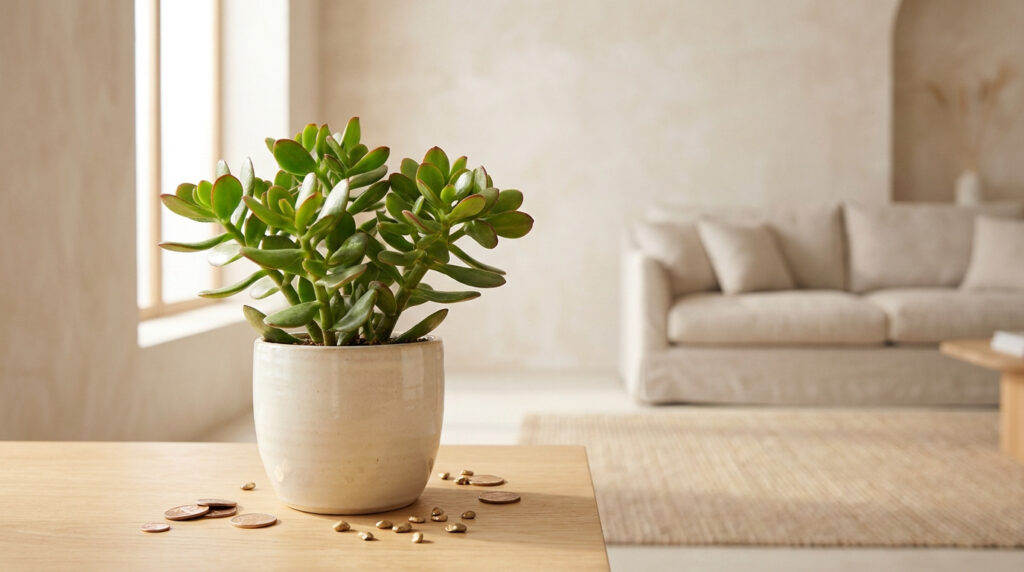 Un Crassula en pot sur une table avec des pièces de monnaie, dans un salon lumineux au style épuré.