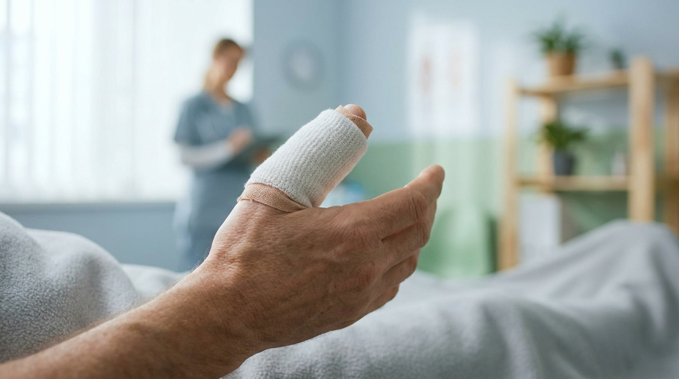 Gros plan sur une main avec un pouce bandé dans un cabinet médical, avec une infirmière en arrière-plan.