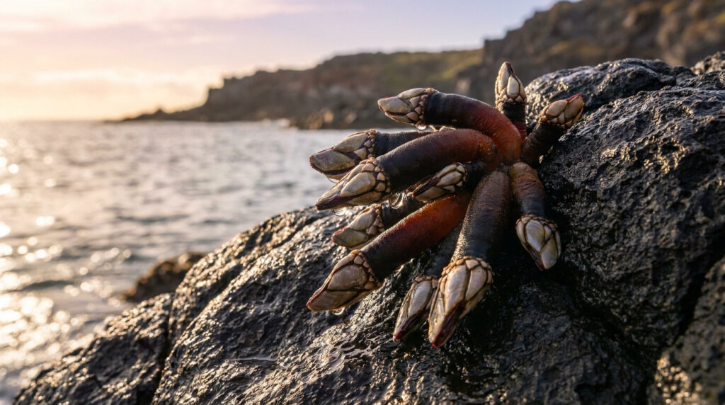 Un groupe de pouce-pieds fixés sur un rocher humide au bord de l'océan lors d'un coucher de soleil.