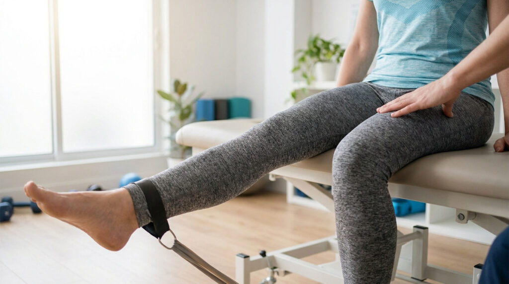 Une patiente effectue des exercices de renforcement du genou avec une sangle de résistance chez le kinésithérapeute.