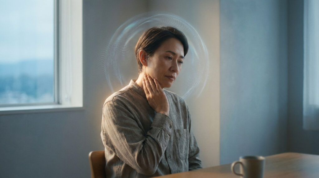 Une femme assise, touchant son cou, avec une visualisation numérique de vibrations ou d'ondes autour de sa tête.
