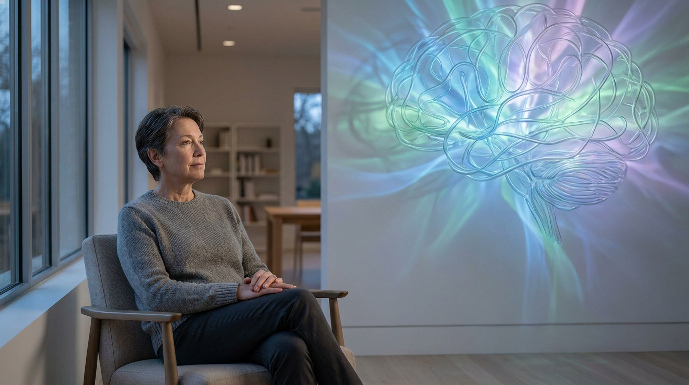 Une femme assise dans un salon regardant une projection lumineuse et abstraite d'un cerveau humain sur le mur.