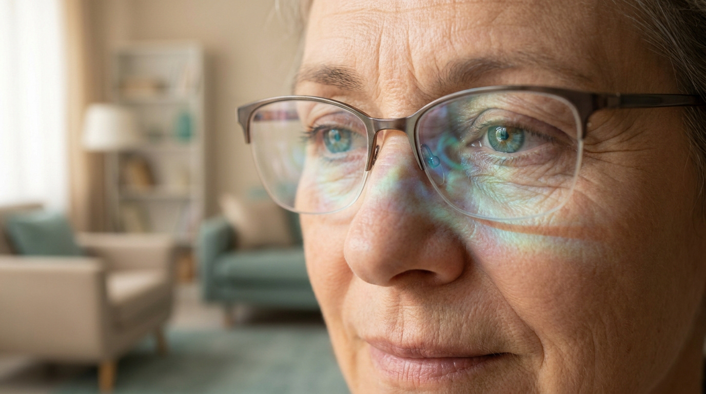 Gros plan sur le visage d'une femme âgée portant des lunettes, avec des reflets lumineux sur les verres.