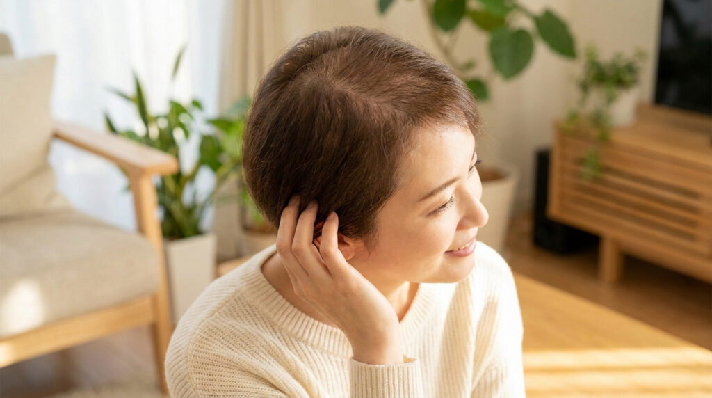 Une femme souriante avec des cheveux courts et fins, touchant ses cheveux dans un salon lumineux.