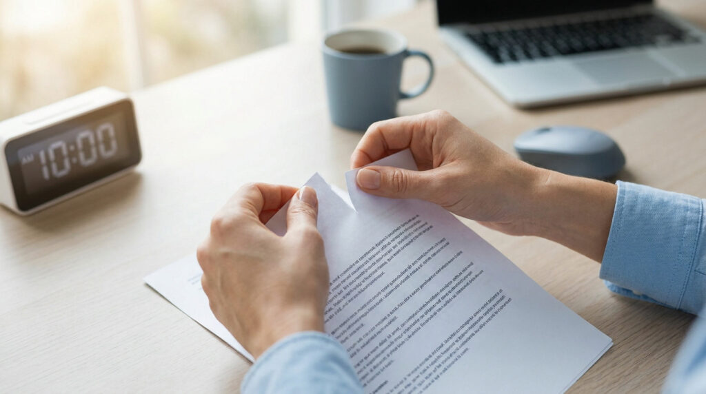 Gros plan sur des mains déchirant un document contractuel sur un bureau de travail avec un ordinateur et une horloge.