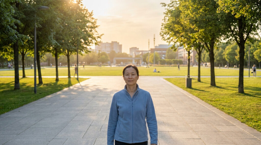 Une femme souriante se tient debout sur une allée de parc ensoleillée, symbolisant la liberté retrouvée.