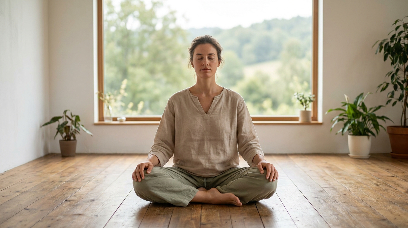 Femme en tenue décontractée assise en position du lotus, pratiquant la méditation dans une pièce lumineuse.