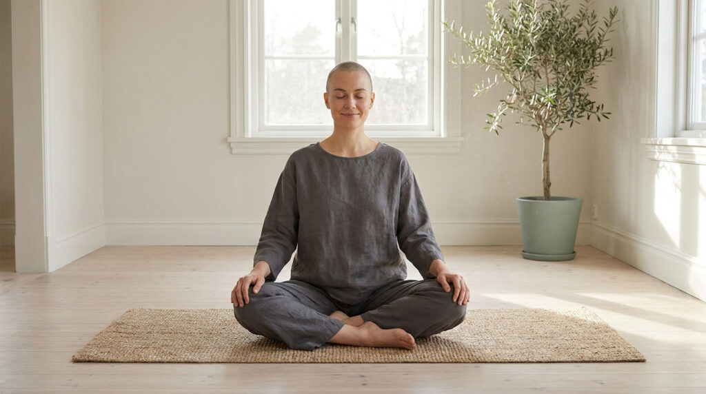 Une femme aux cheveux courts assise en position du lotus sur un tapis, pratiquant la méditation dans une pièce lumineuse.
