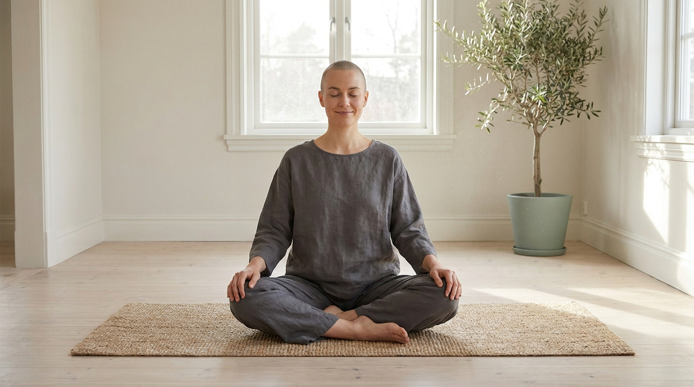 Une femme aux cheveux courts assise en position du lotus sur un tapis, pratiquant la méditation dans une pièce lumineuse.