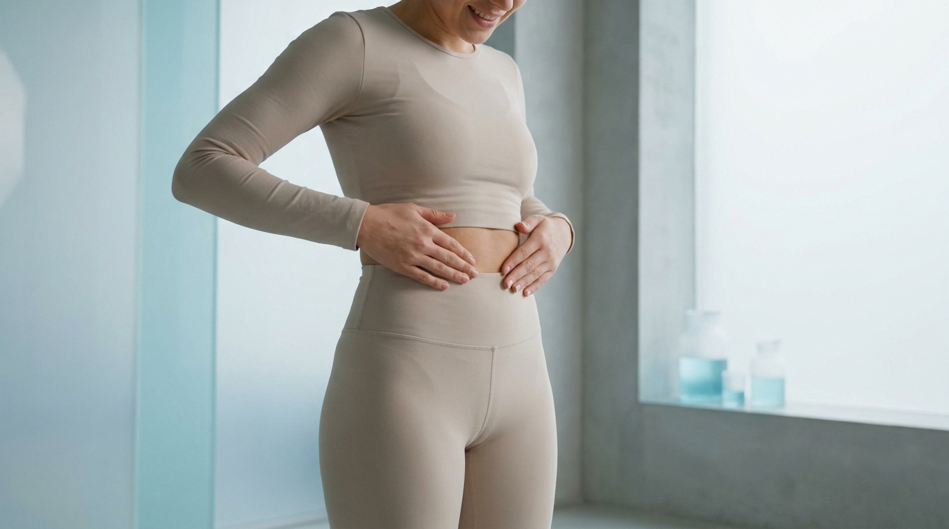 Femme en tenue beige ajustée touchant son ventre, illustrant les résultats d'un traitement de cryolipolyse.