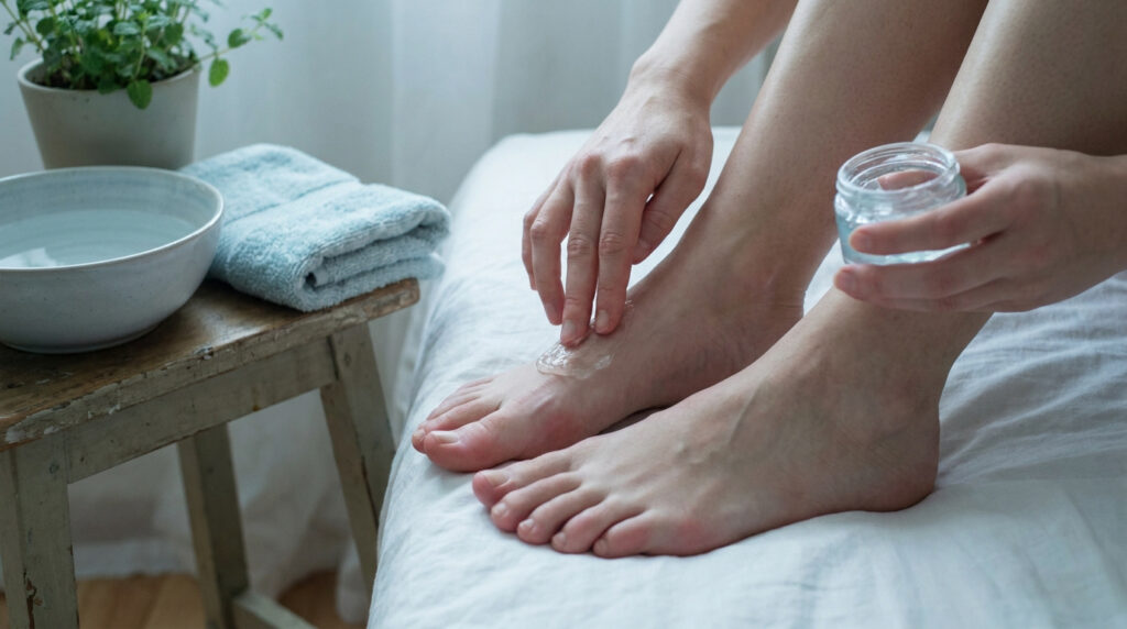 Une personne applique un gel rafraîchissant sur ses pieds fatigués pour soulager la sensation de brûlure.