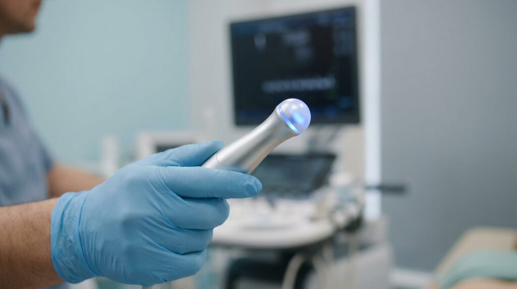 Un médecin portant des gants bleus tient une sonde d'échographie médicale avec un voyant lumineux bleu.
