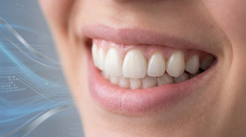 Gros plan sur un sourire éclatant avec des dents en céramique zircone sur fond technologique abstrait.