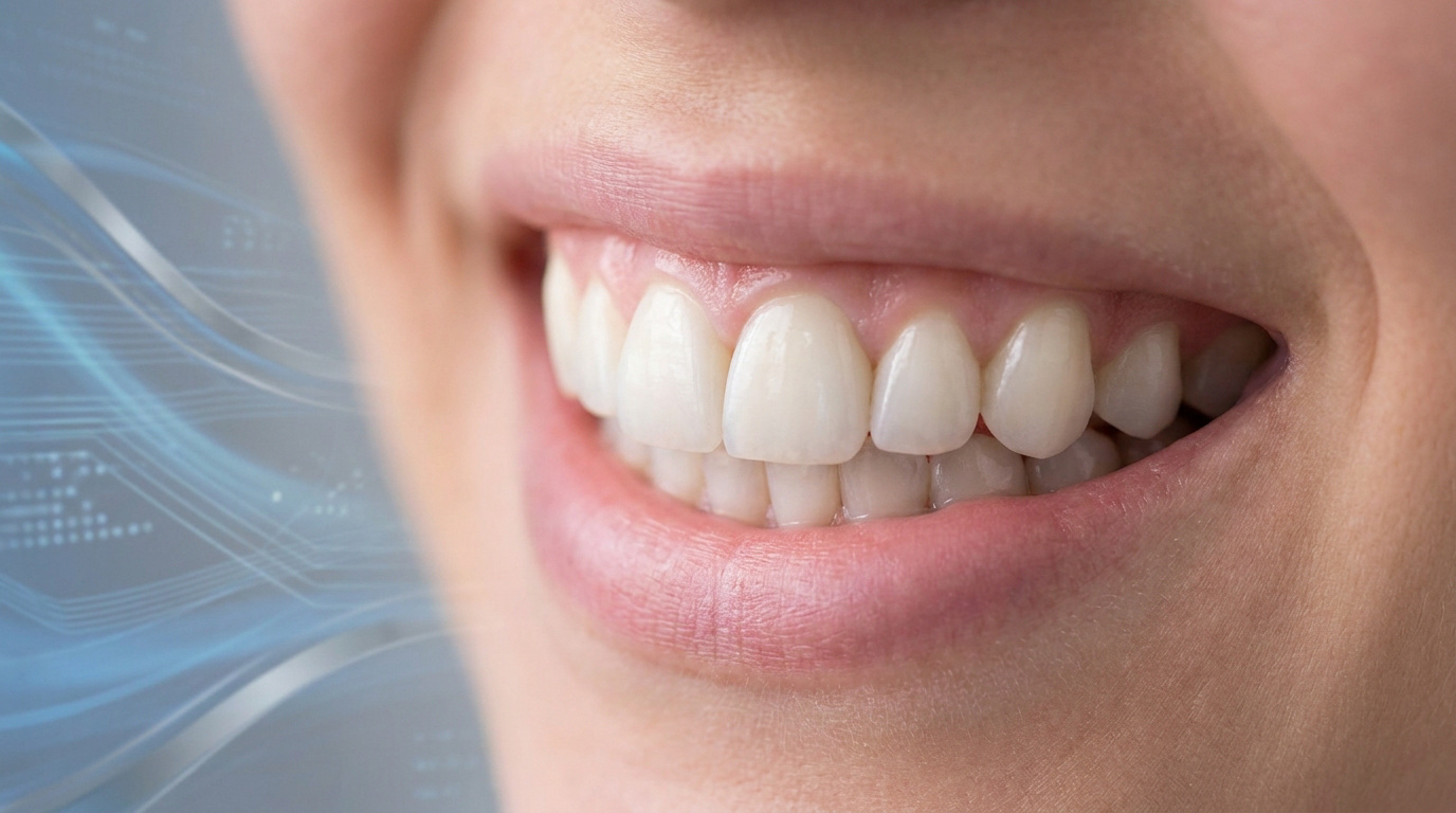 Gros plan sur un sourire éclatant avec des dents en céramique zircone sur fond technologique abstrait.