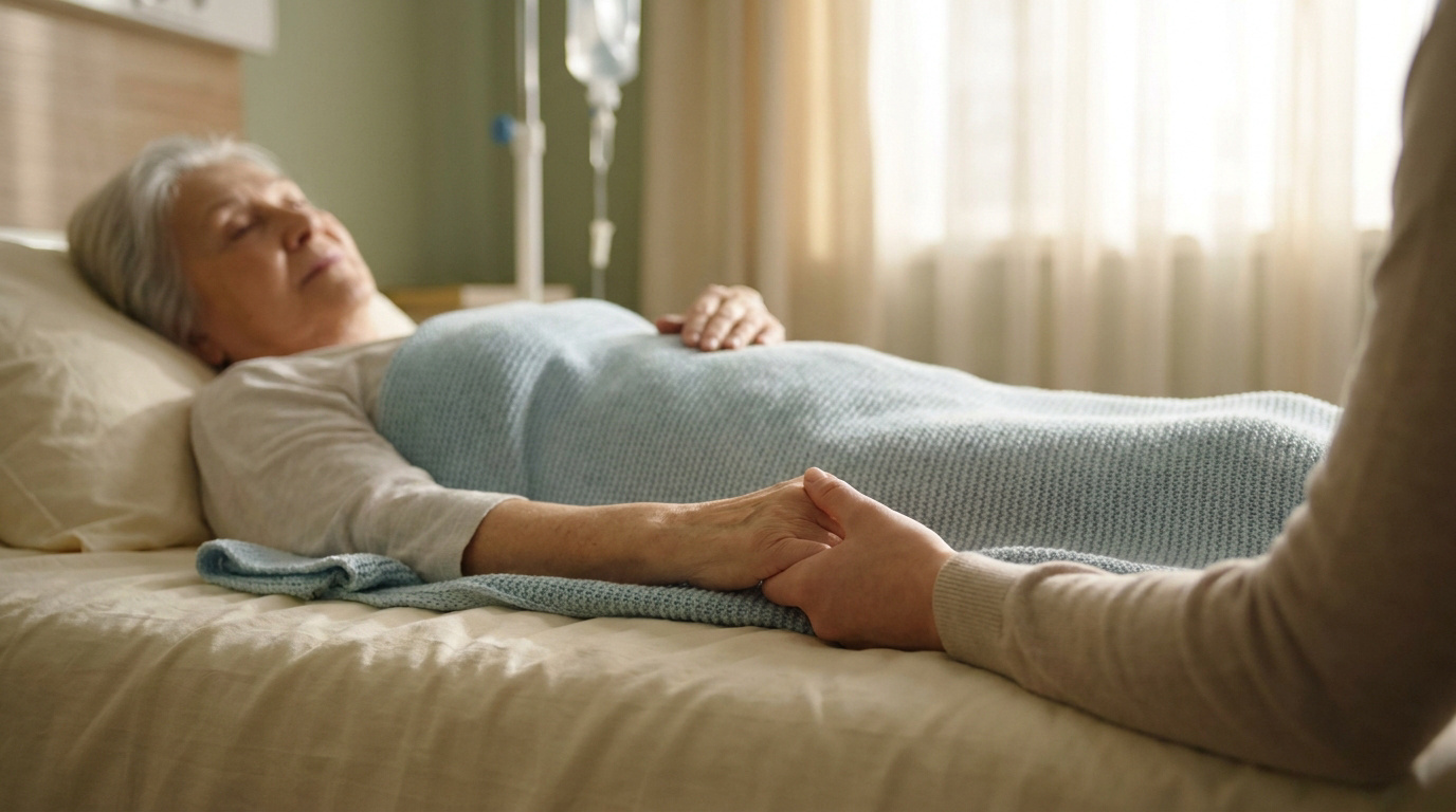 Une personne tient la main d'une femme âgée alitée sous perfusion dans une chambre d'hôpital calme.