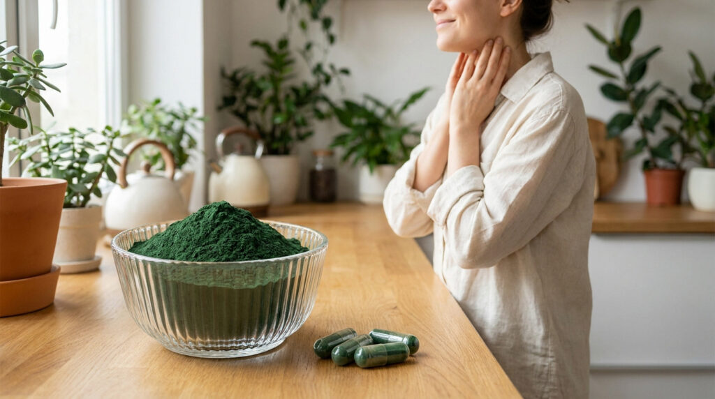Une femme se touchant la gorge à côté d'un bol de poudre de spiruline verte sur une table en bois.