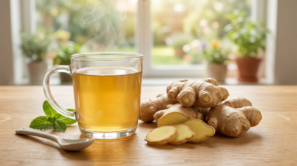 Une tasse d'infusion chaude au gingembre fumante posée sur une table en bois avec du gingembre frais et de la menthe.
