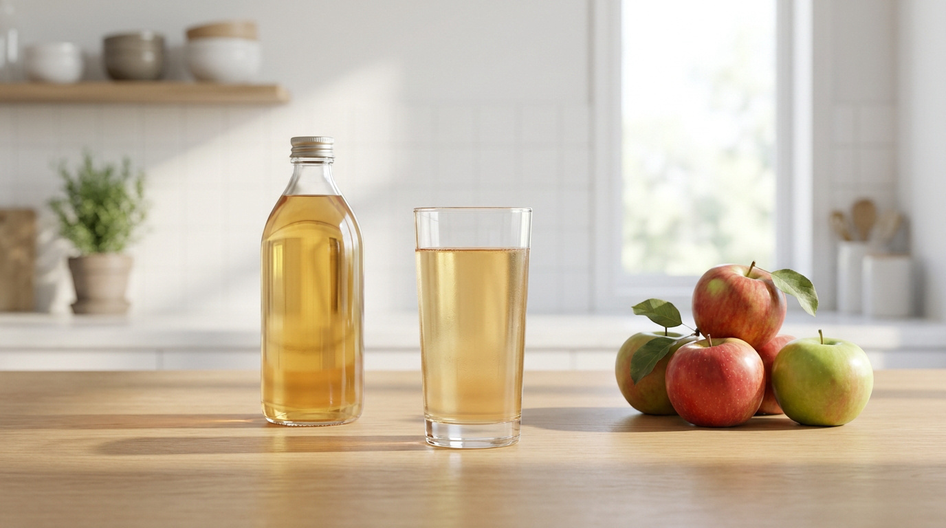 Une bouteille et un verre de vinaigre de cidre dilué sur une table en bois avec des pommes fraîches en arrière-plan.