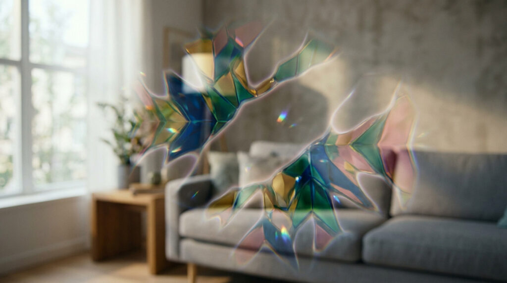 Une distorsion visuelle colorée et cristalline superposée à un salon flou, illustrant une migraine ophtalmique.