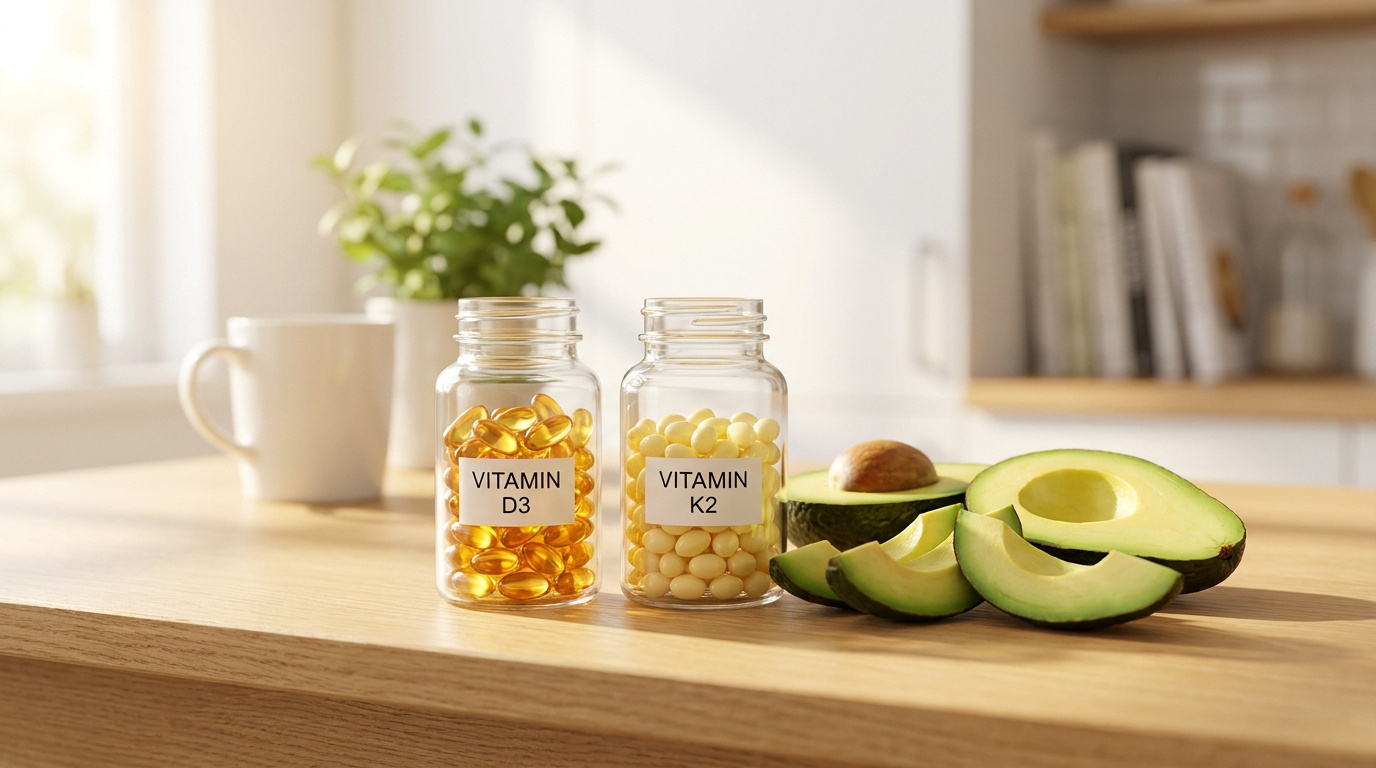 Deux flacons de compléments alimentaires (vitamine D3 et K2) posés sur une table en bois avec des tranches d'avocat.