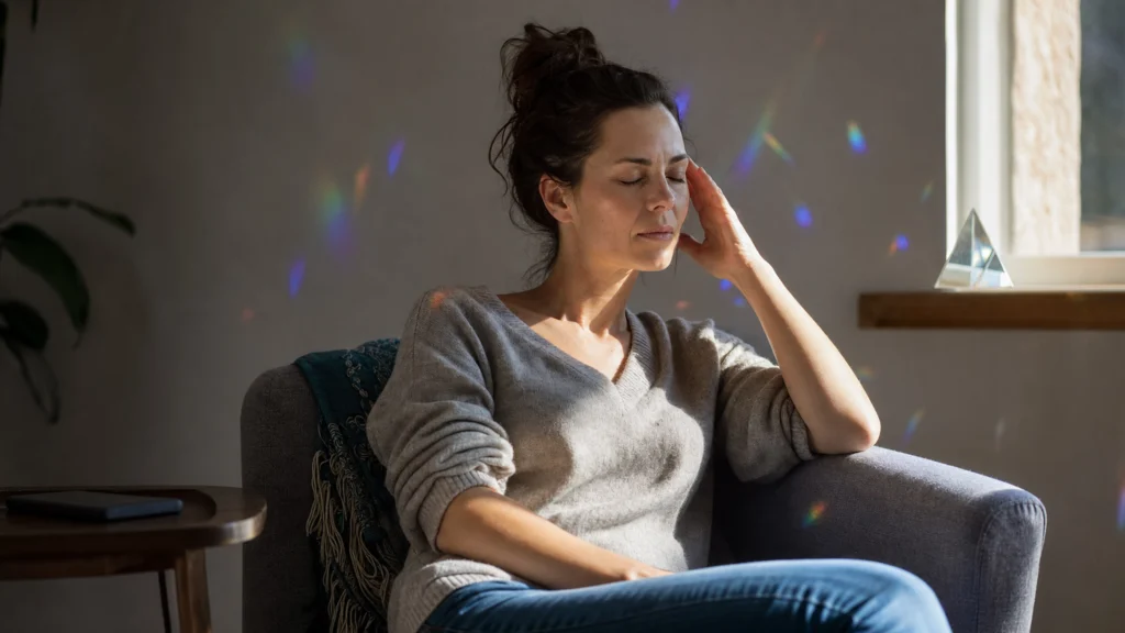 Personne au repos dans une pièce calme avec reflets prismatiques colorés sur le mur