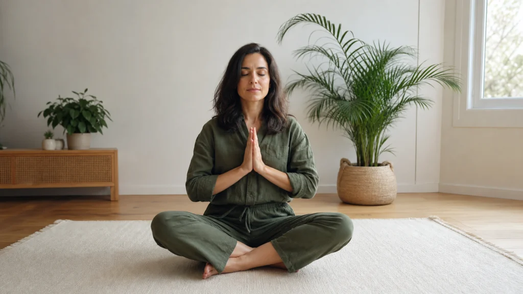 Main réalisant précisément le Hridaya Mudra pendant une séance de yoga