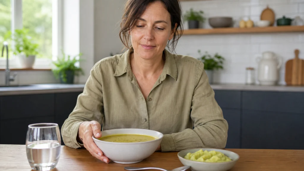 Repas doux et tiède préparé après la pose d'un pansement dentaire