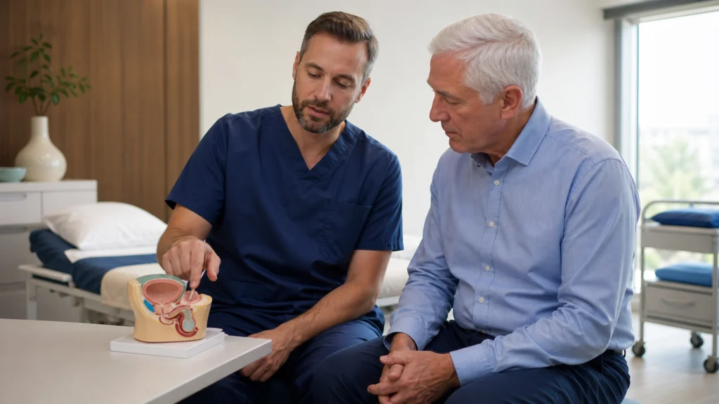 Consultation médicale avant une curiethérapie de la prostate dans une salle d’oncologie