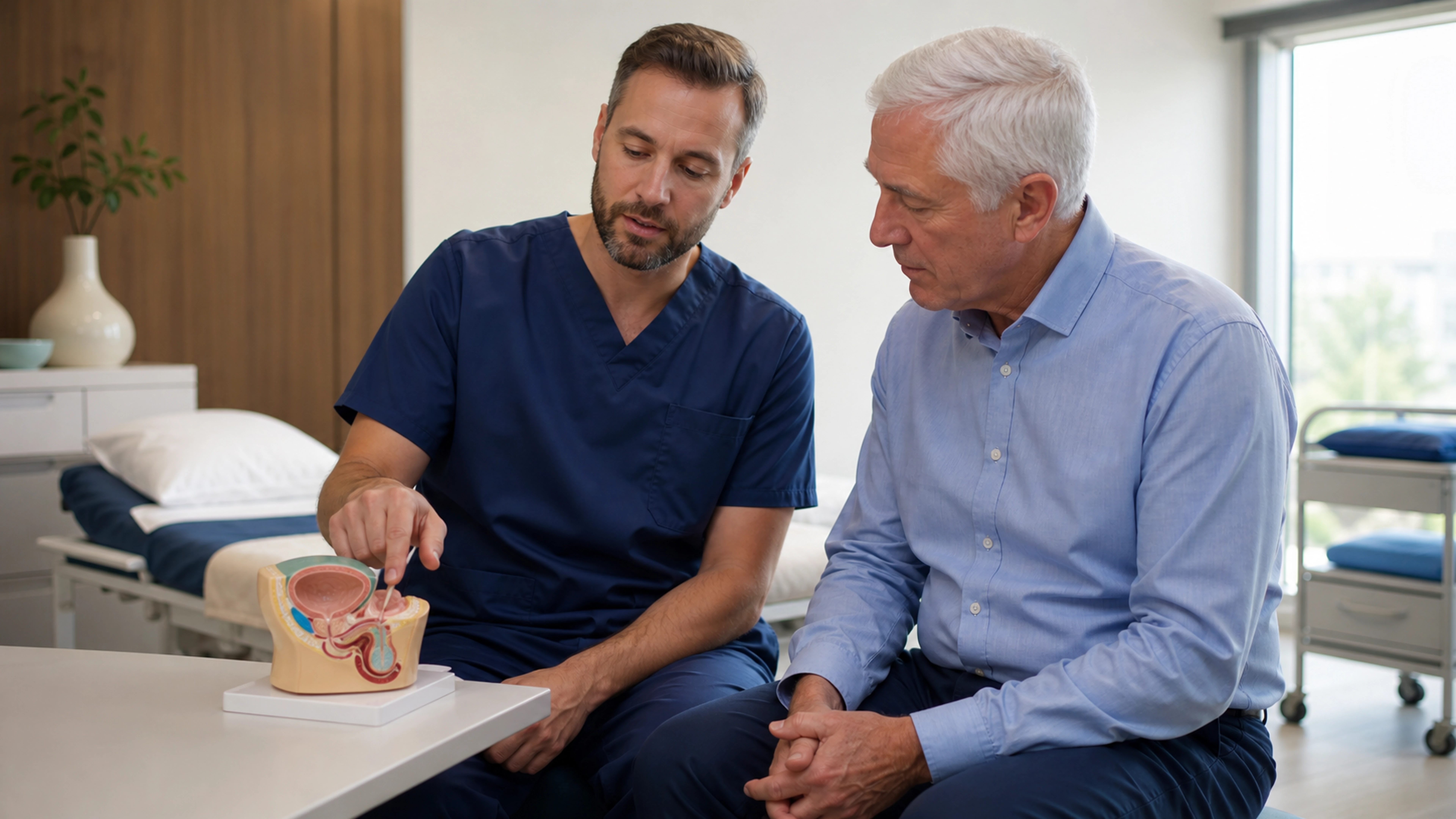 Consultation médicale avant une curiethérapie de la prostate dans une salle d’oncologie
