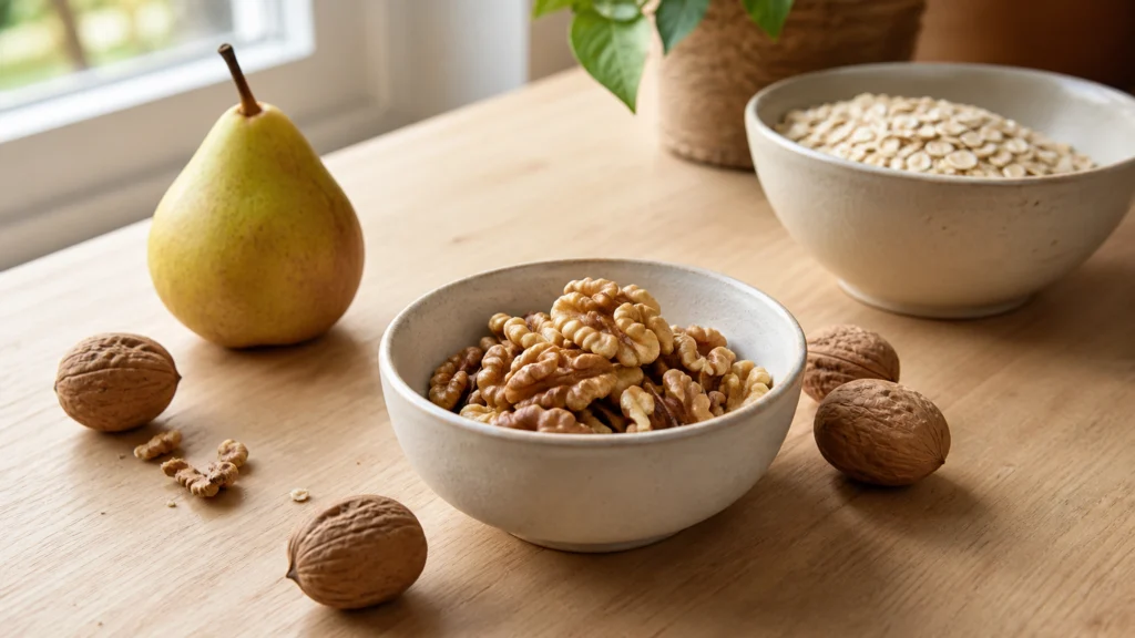 Bol de cerneaux de noix crus avec fruits frais sur une table de cuisine