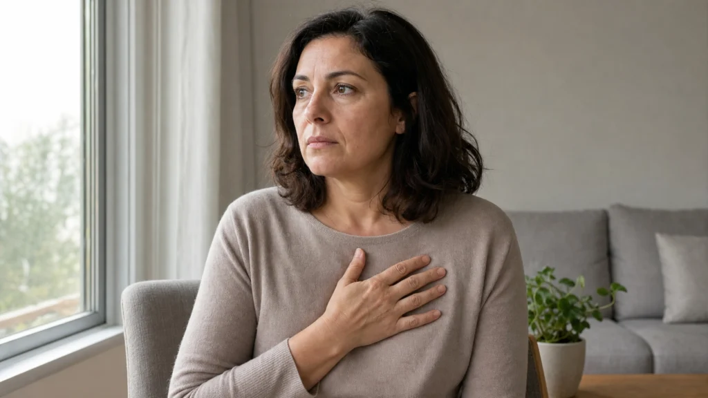 Femme assise posant doucement une main sur le haut de sa poitrine
