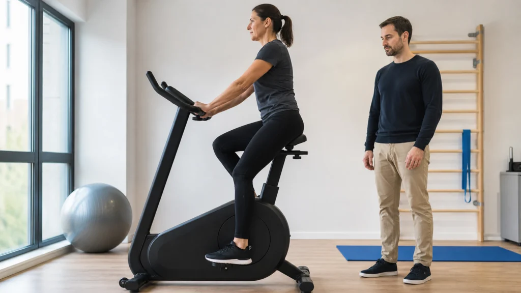Adulte pédalant sur un vélo d’appartement sous la supervision d’un kinésithérapeute