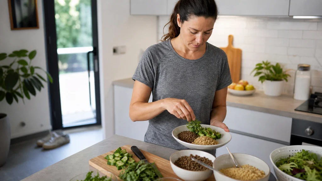 Adulte préparant une assiette équilibrée dans une cuisine lumineuse, avec des chaussures de marche en arrière-plan