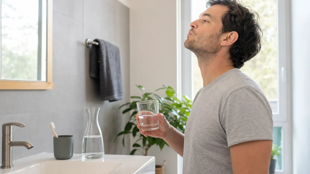 Adulte faisant un gargarisme doux avec un verre d'eau dans une salle de bain lumineuse