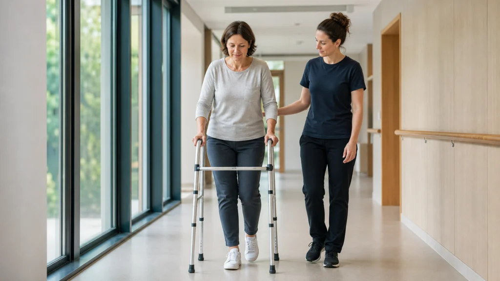 Une patiente reprend la marche avec un déambulateur, accompagnée par une kinésithérapeute.